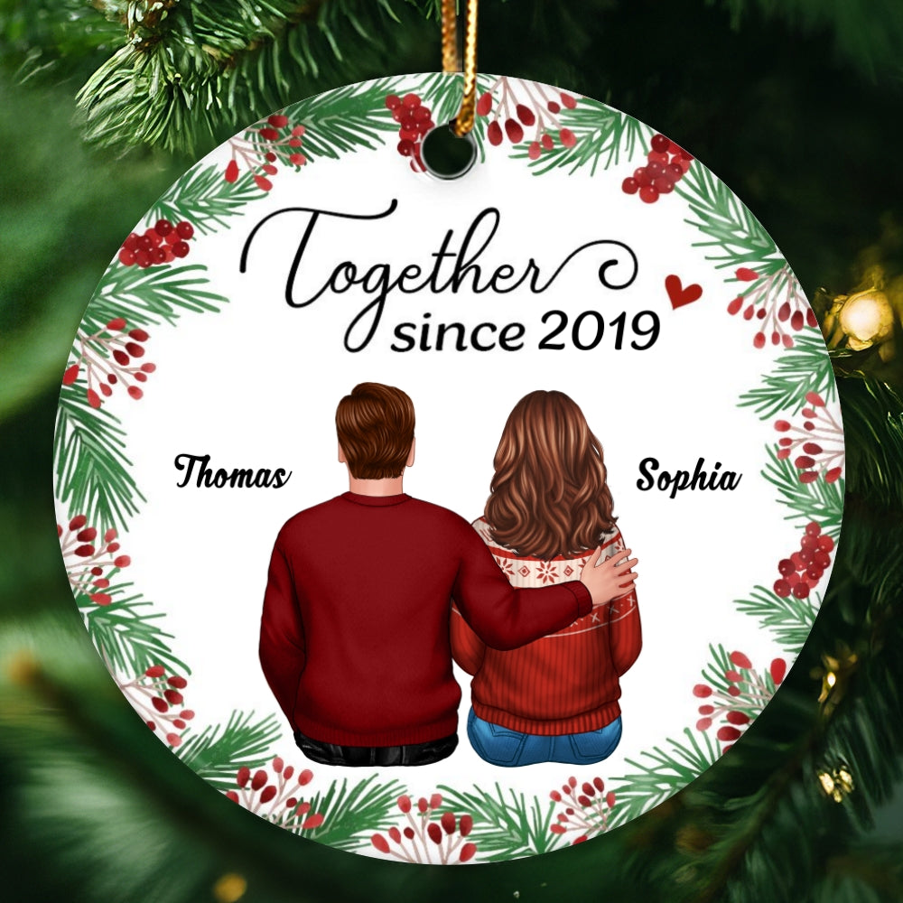 Holly Branch Couple Back View Christmas Personalized Circle Ornament