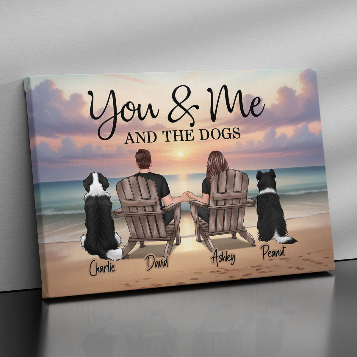 You Me And The Dogs Cats Couple Realistic Beach Landscape Personalized Canvas, Gift For Him, For Her