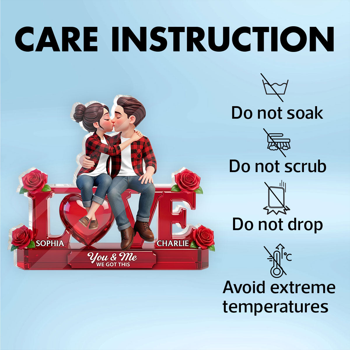 Roses LOVE Couple Sitting Kissing - Personalized Acrylic Block Plaque - Valentine's Day Gift For Couple, For Him, For Her