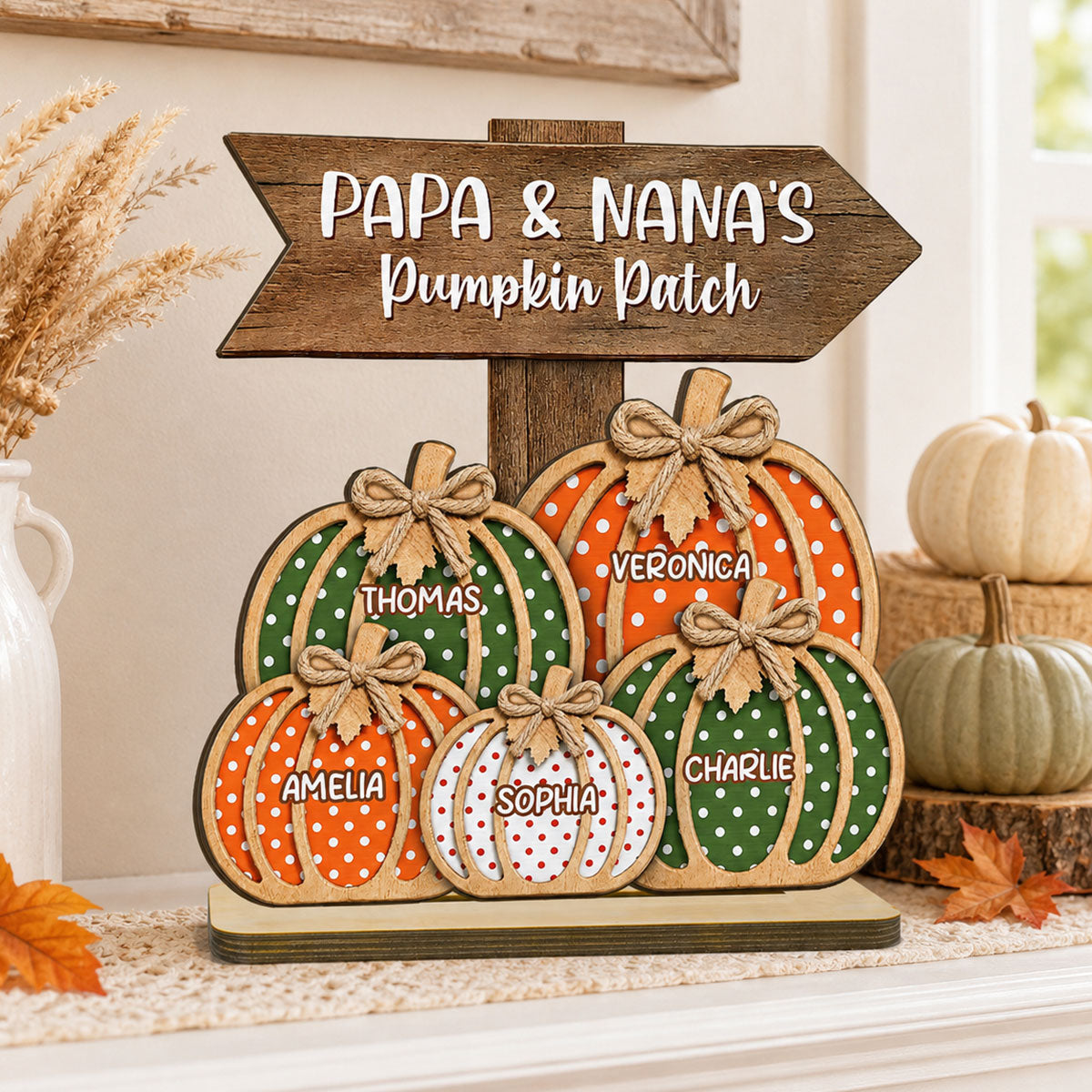 Fall Season Polka Dot Grandma's Pumpkin Patch - Personalized 2-Layered Wooden Plaque - Fall Decor For Grandma, Grandparents