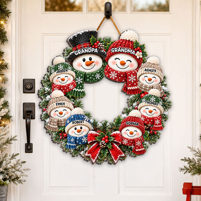 Trending Grandpa Grandma Snowman Wreath - Personalized Wood Sign - Christmas Decoration For Porch, Window, Door