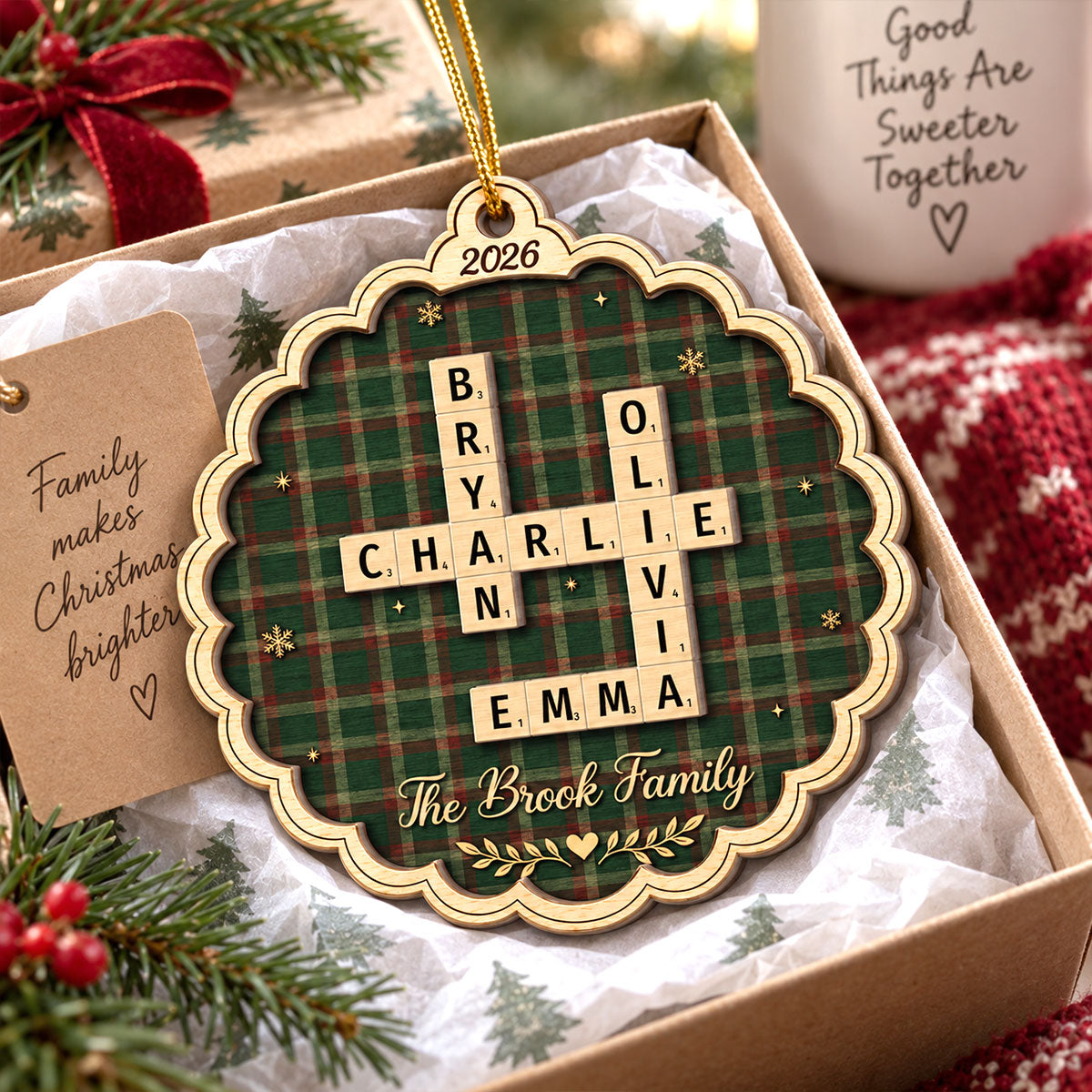 Name Puzzle Crossword Art - Personalized 2-Layer Wooden Ornament - Christmas Tree Decor For Grandparents, Family