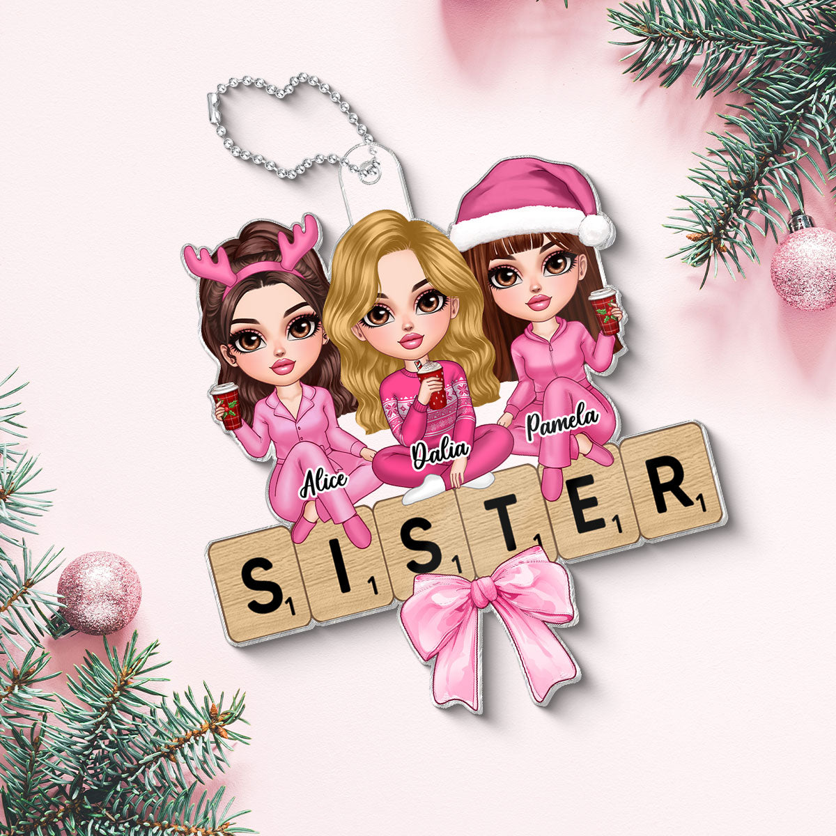 Coquette Besties Sisters Puzzle Art Personalized Acrylic Ornament, Christmas Gift For Besties Sisters Friends
