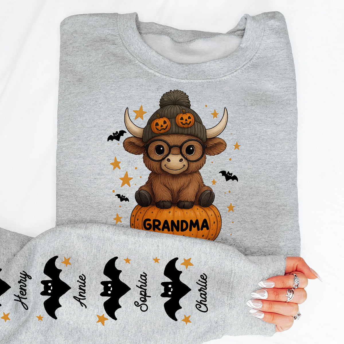 Halloween Highland Cow Grandma Personalized Sleeve Printed Sweatshirt