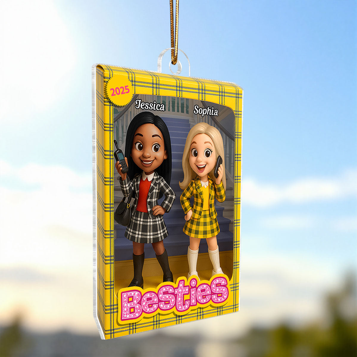 Besties Plaid Dresses Toy Box Style - Personalized Acrylic Ornament - Christmas Gift For Best Friends