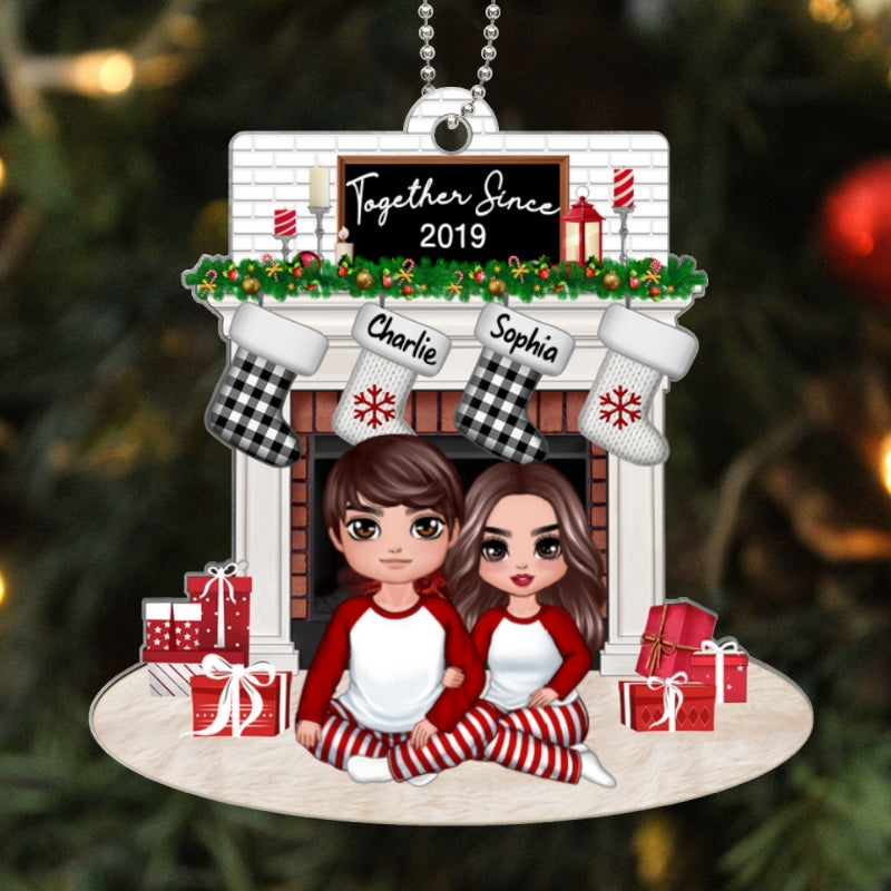 Couple Sitting Hugging At Christmas Fireplace Personalized Acrylic Ornament