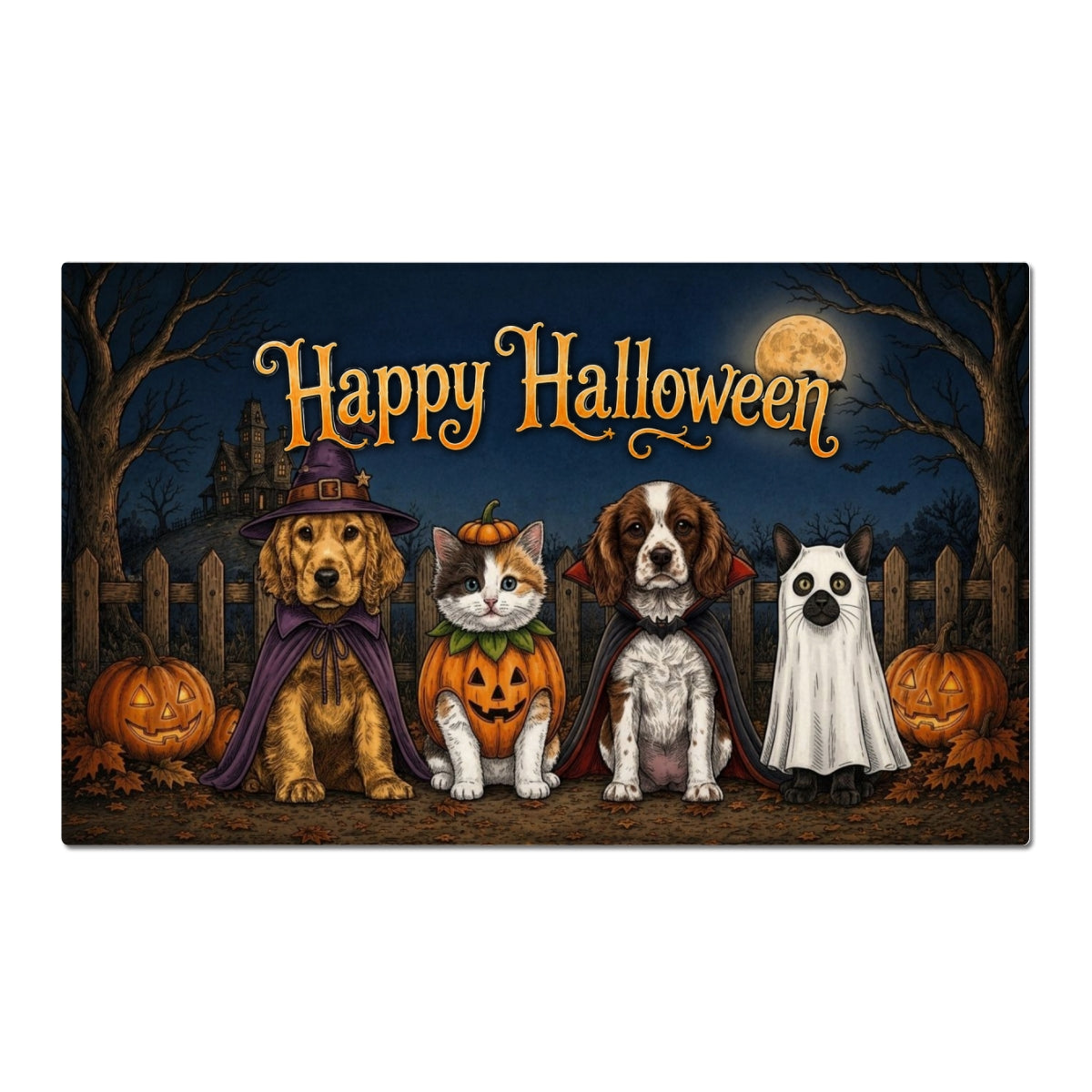 Vintage Dog Cat Halloween Night Photo Upload - Personalized Doormat - Halloween Gift For Dog Mom, Cat Mom