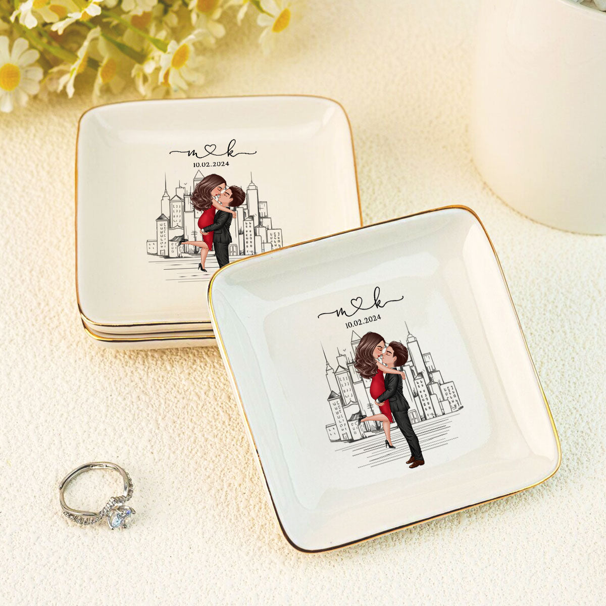 Couple Hugging Kissing Outline Landscape Personalized Jewelry Dish, Gift for Her