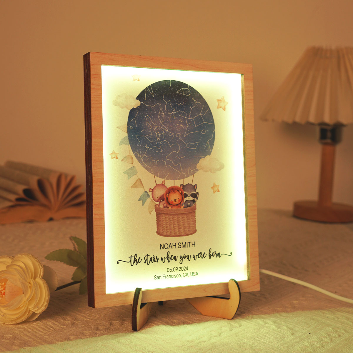 Star Map New Baby Custom 2-Layered Wooden Plaque With LED, Birthday Stars Childs Sky LED, Newborn Parents Gift, Boy Girl Christening Art, Night You Were Born