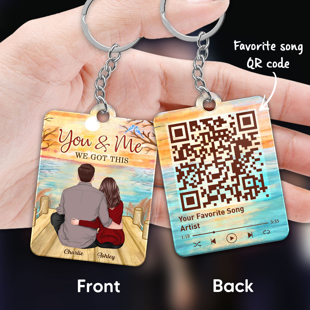 Back View Couple Sitting On Bridge Reflection Lake Favorite Song Scannable QR Code Personalized Acrylic Keychain