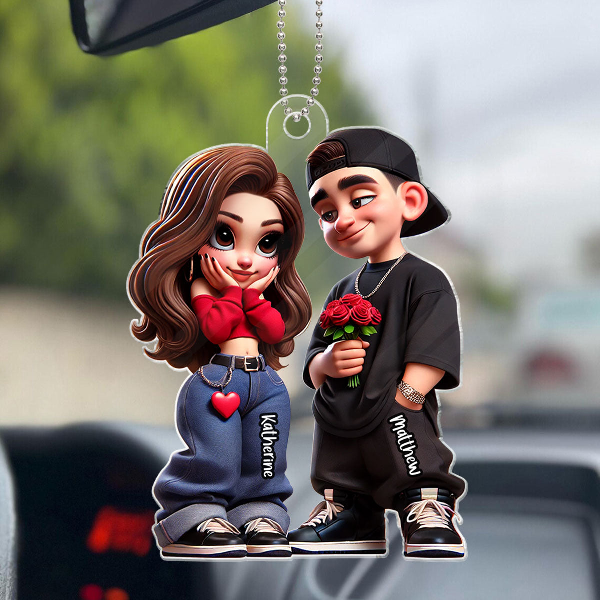 3D Effect Y2K Couple Personalized Acrylic Car Hanger,  Gift For Couple, For Him, For Her