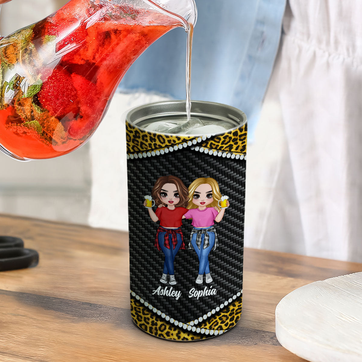 Leopard Frame Pattern Doll Besties Personalized 4 In 1 Can Cooler