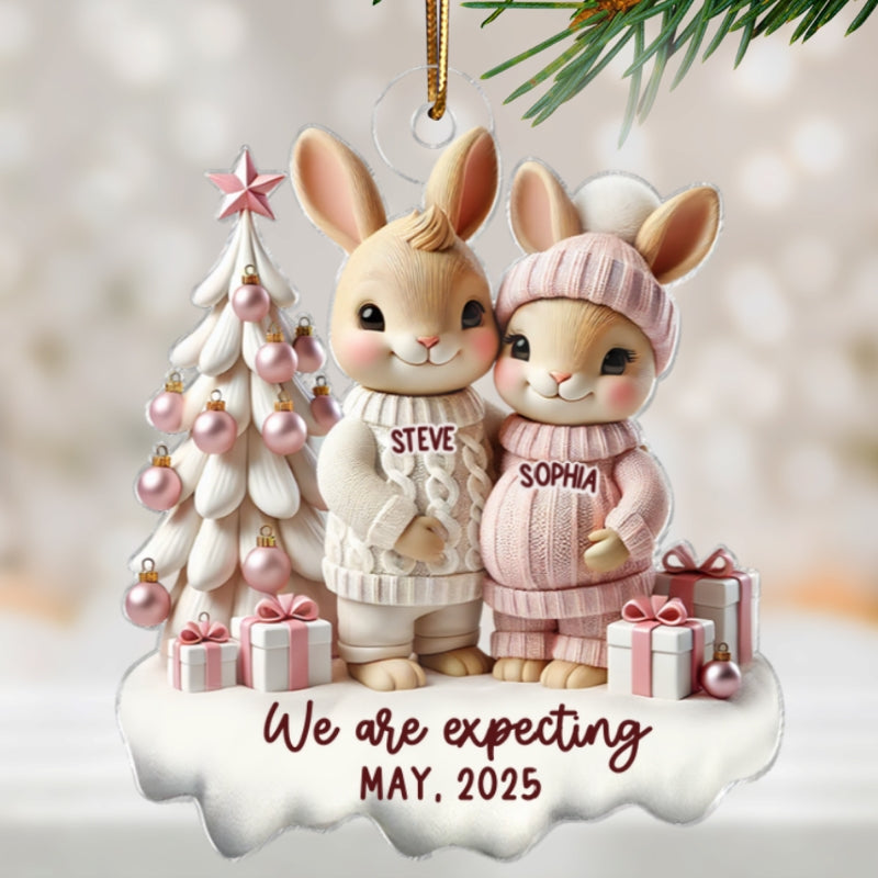3D Effect Bunny Couple Pregnant Expecting New Baby Christmas Personalized Acrylic Ornament, Pregnancy Announcement Keepsake