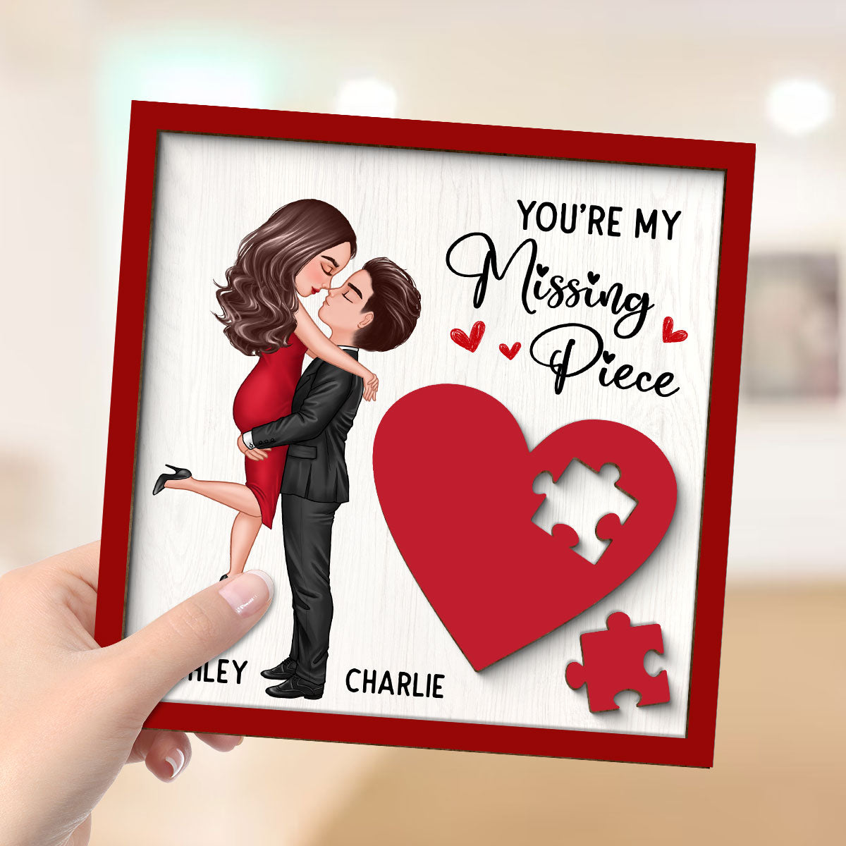 Couple Missing Piece Red Heart Theme Valentine‘s Day Gift Personalized 2-layer Wooden Plaque