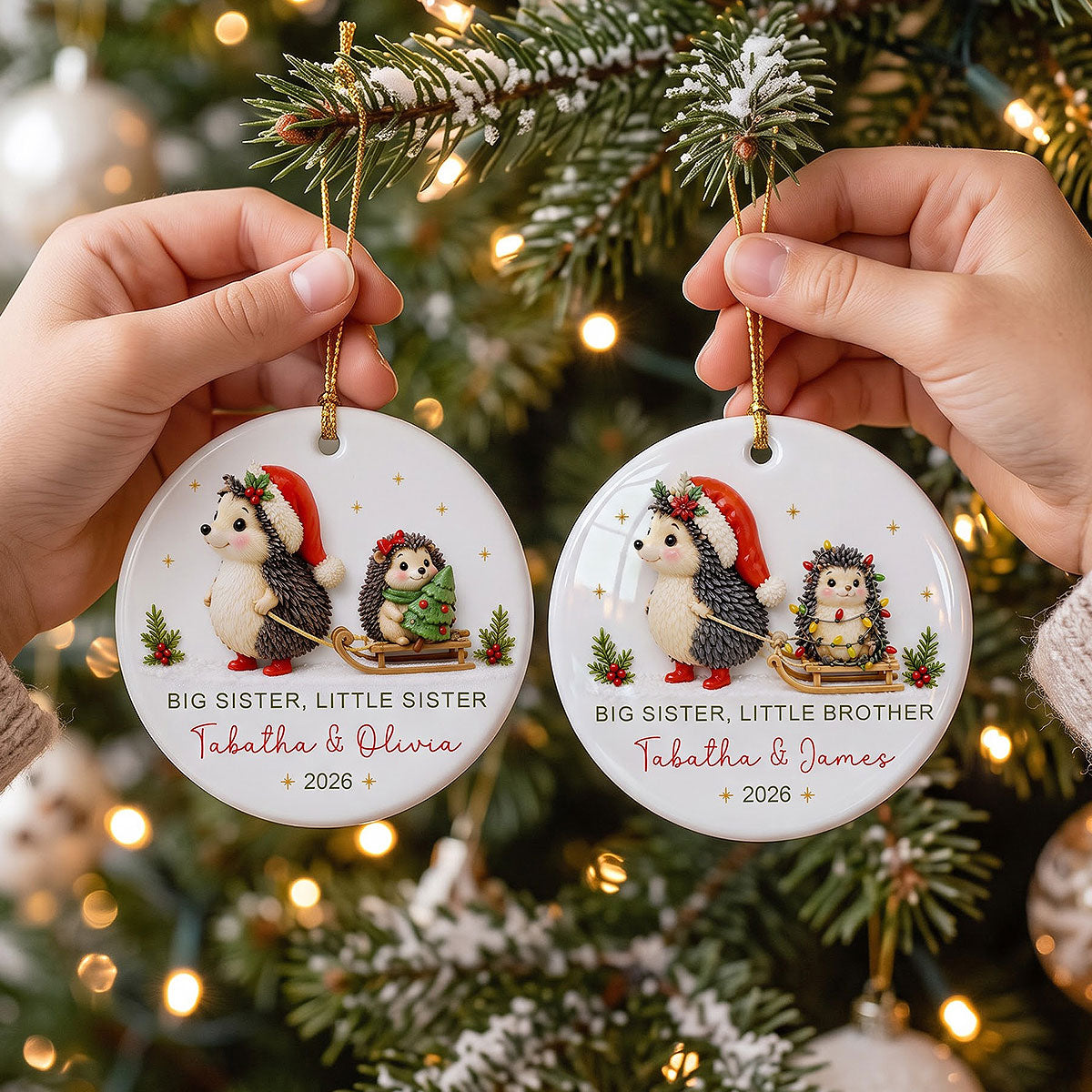 Big Sister Little Brother Sister Hedgehog 2D Flat - Personalized Ceramic Ornament - Christmas Keepsake