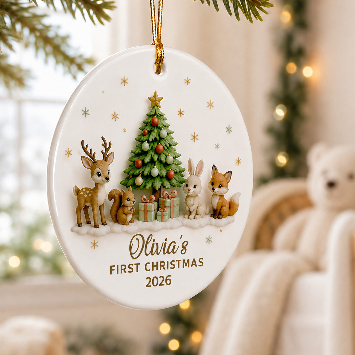 Baby’s First Christmas Tree & Woodland Animals 3D - Personalized Ceramic Ornament - New Baby Christmas Keepsake