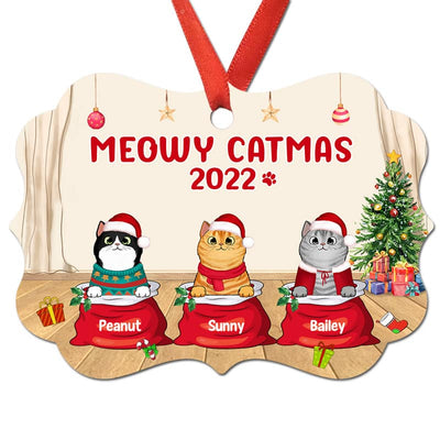 Meowy Catmas Fluffy Cat In Santa Sack Personalized Christmas Ornament