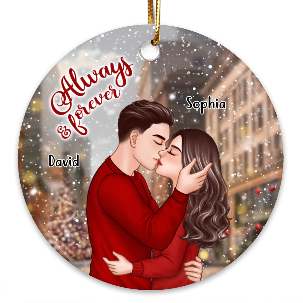 Romantic Couple Kissing On The Street Always & Forever Christmas Personalized Circle Ornament