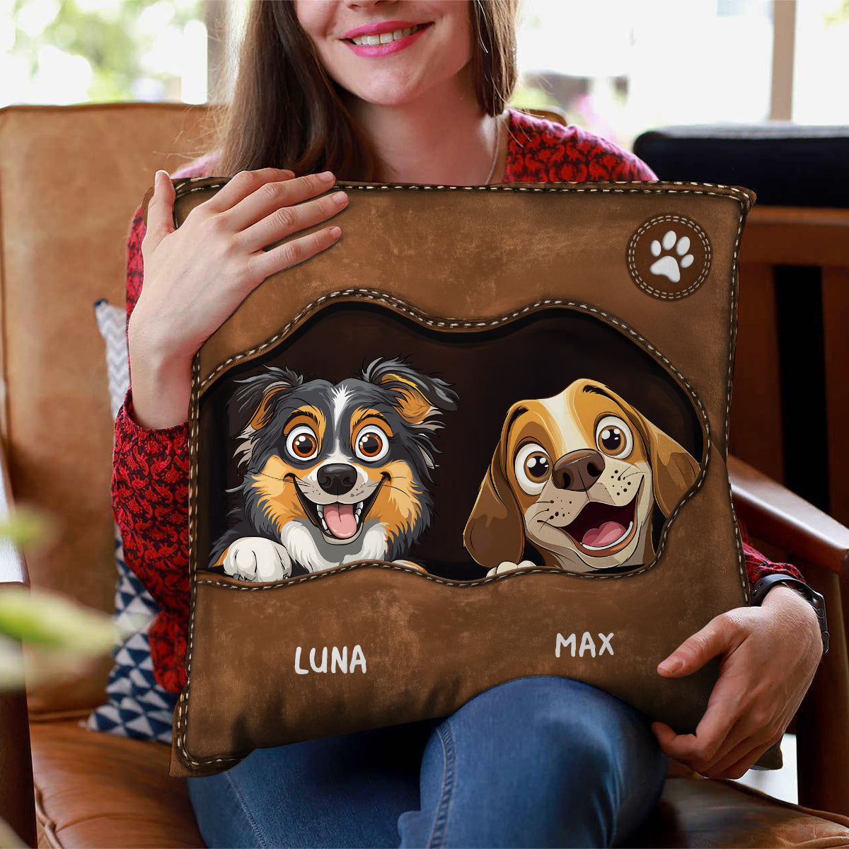 Peeking Dog From The Inside Personalized Pillow, Leather Effect, Gift for Dog Mom Dog Dad