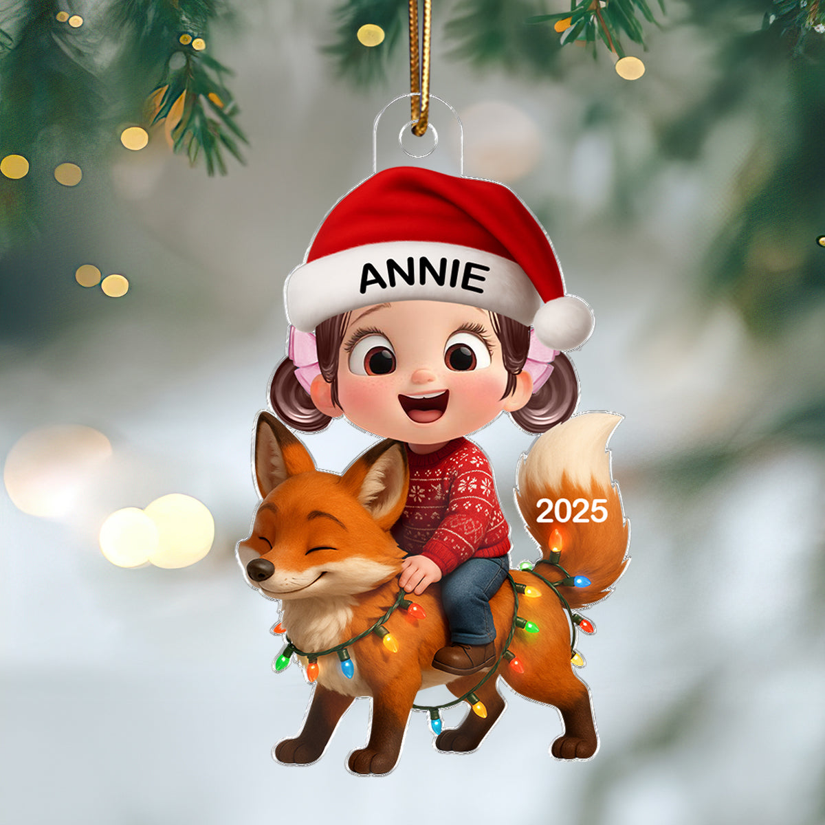 3D Effect Little Kid Jungle Safari Animals Fox Christmas Personalized Acrylic Ornament