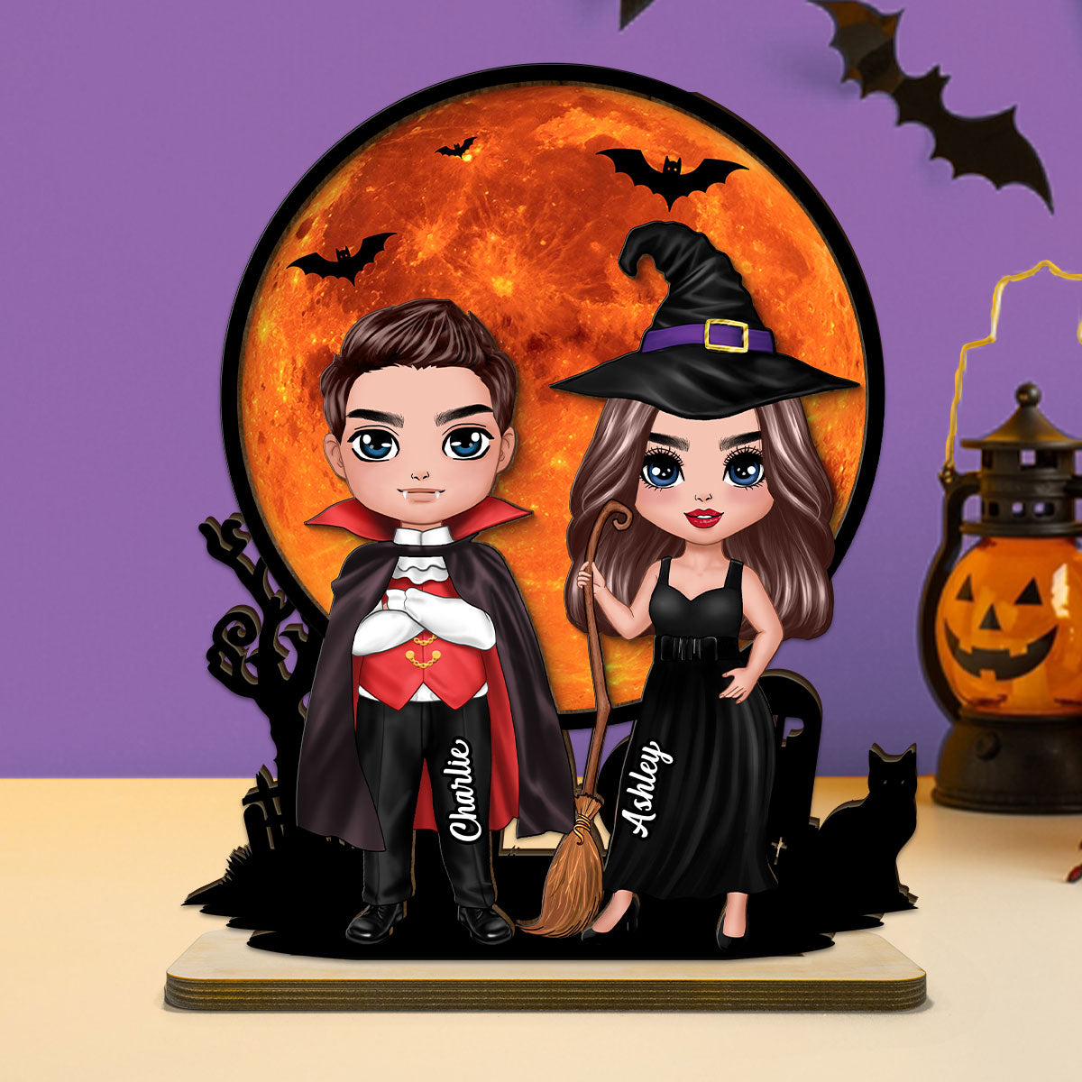 Couple Under Halloween Moon Tabletop Tier Tray Decor Personalized 2-Layer Standing Wooden Plaque