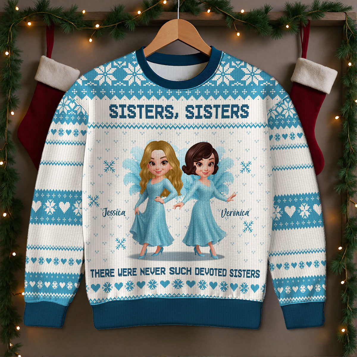 Sisters Sisters Besties in Blue Dresses Personalized Faux Knitting Ugly Sweater, Christmas Matching Costume For Sisters, Best Friends