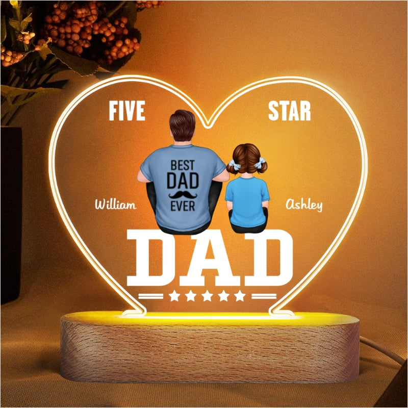 Five - Star Dad Back View Dad And Kids Personalized Acrylic Heart LED Night Light