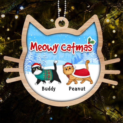 Christmas Walking Fluffy Cats In Cat Shape Personalized Wooden Ornament