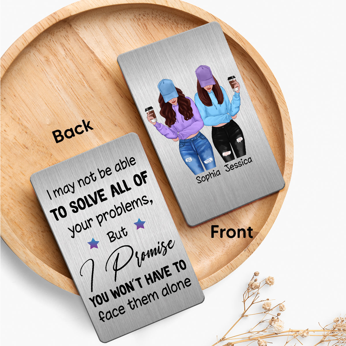 Front View Besties Gift For Best Friends Personalized Metal Wallet Card