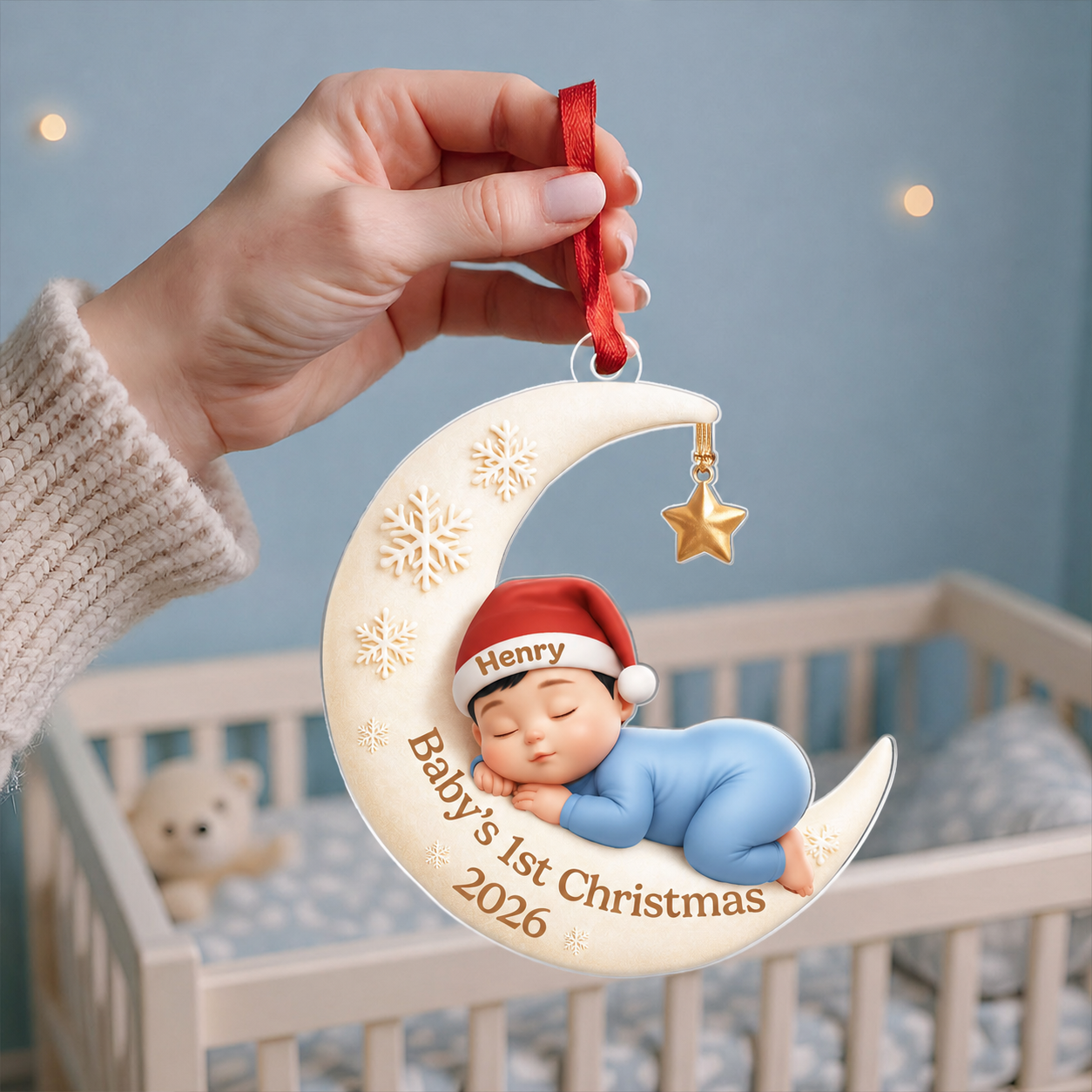 Baby Sleeping on Moon - Personalized Acrylic Ornament - Baby's First Christmas Keepsake, Gift for Grandkids, Baby, Newborn