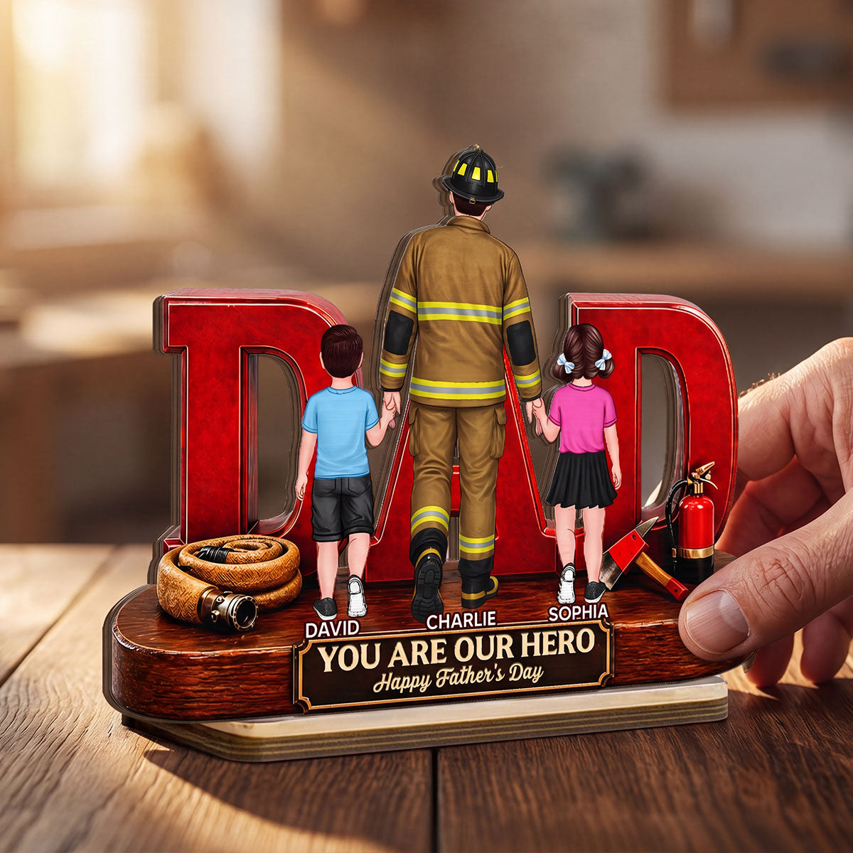 Proud Firefighter Dad You Are Our Hero - Personalized 2-Layered Wooden Plaque - Father's Day Gift For Dad