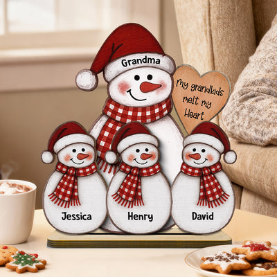 Folk Art Cute Snowman Grandma & Grandkid - Personalized 2-Layer Wooden Plaque - Christmas Decor