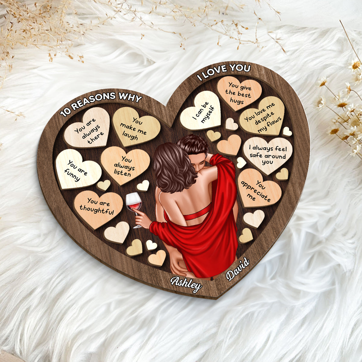 Couple Kissing On Shoulder In Heart Reasons Why I Love You,  Gift For Him, For Her