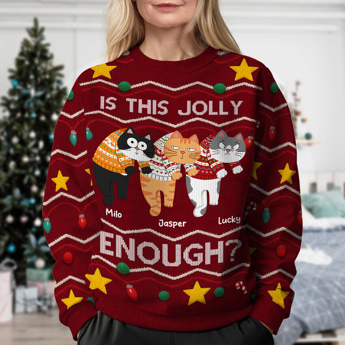 Christmas Hanging Cats Meowy Catmas - Personalized Ugly Sweater - Gift For Cat Lovers