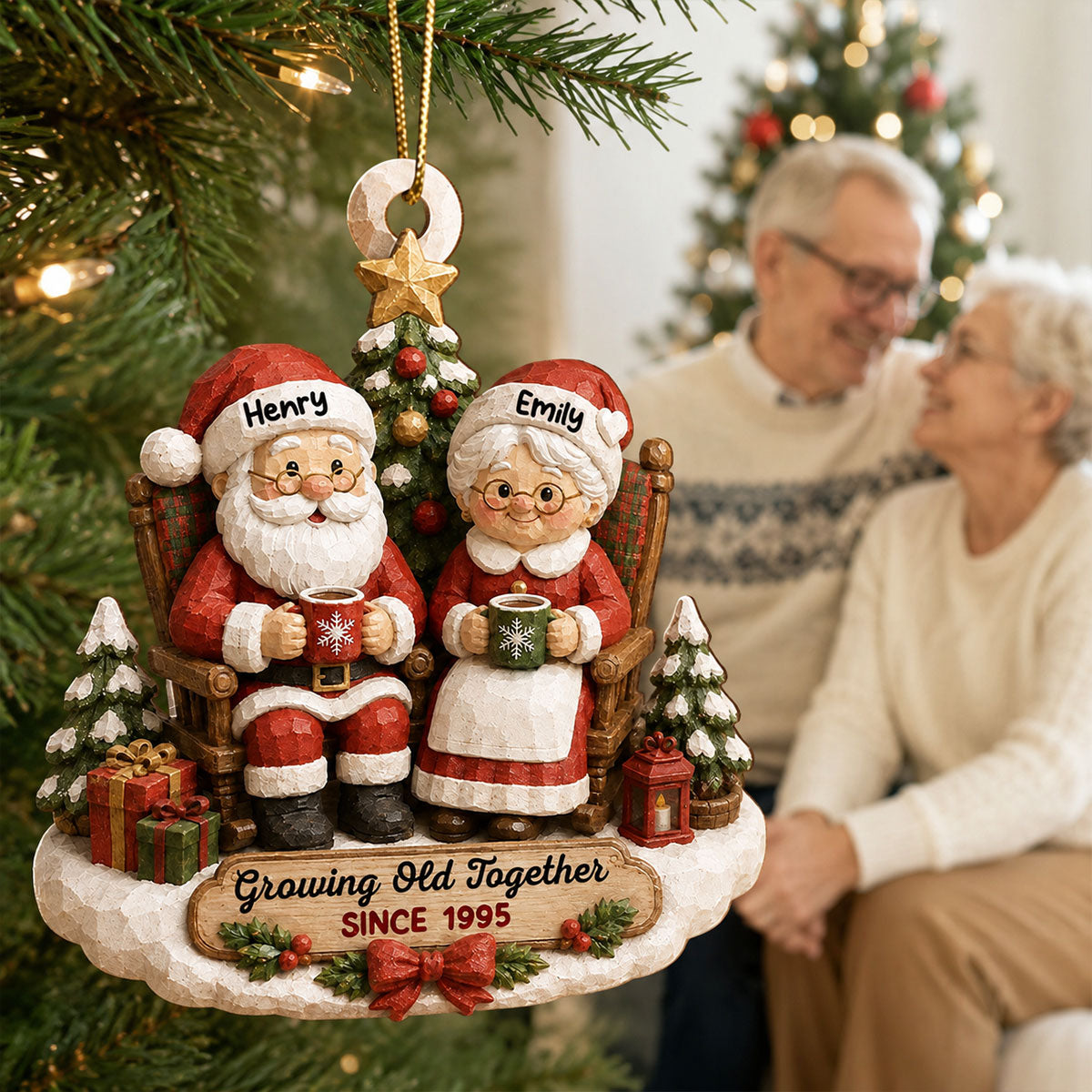 Rustic Vintage Santa Couple Growing Old Together - Personalized Wooden Ornament - Christmas Gift For Couple