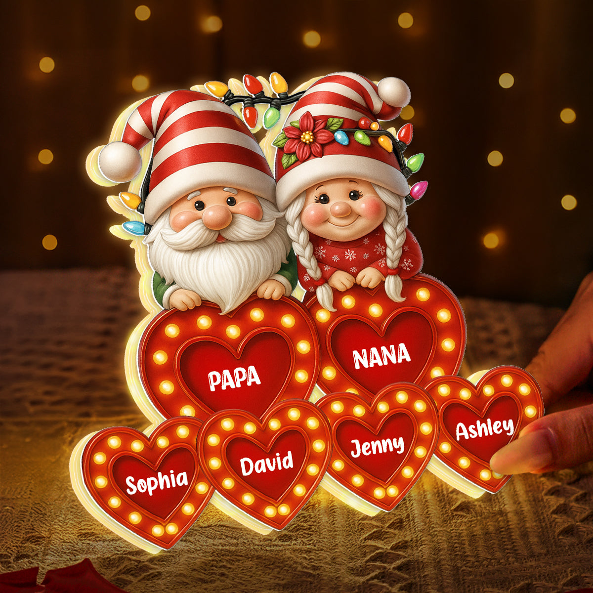 Holiday Gnomes Grandparents Grandkids Names Personalized Light Box, Christmas Decor for Grandma, Grandpa