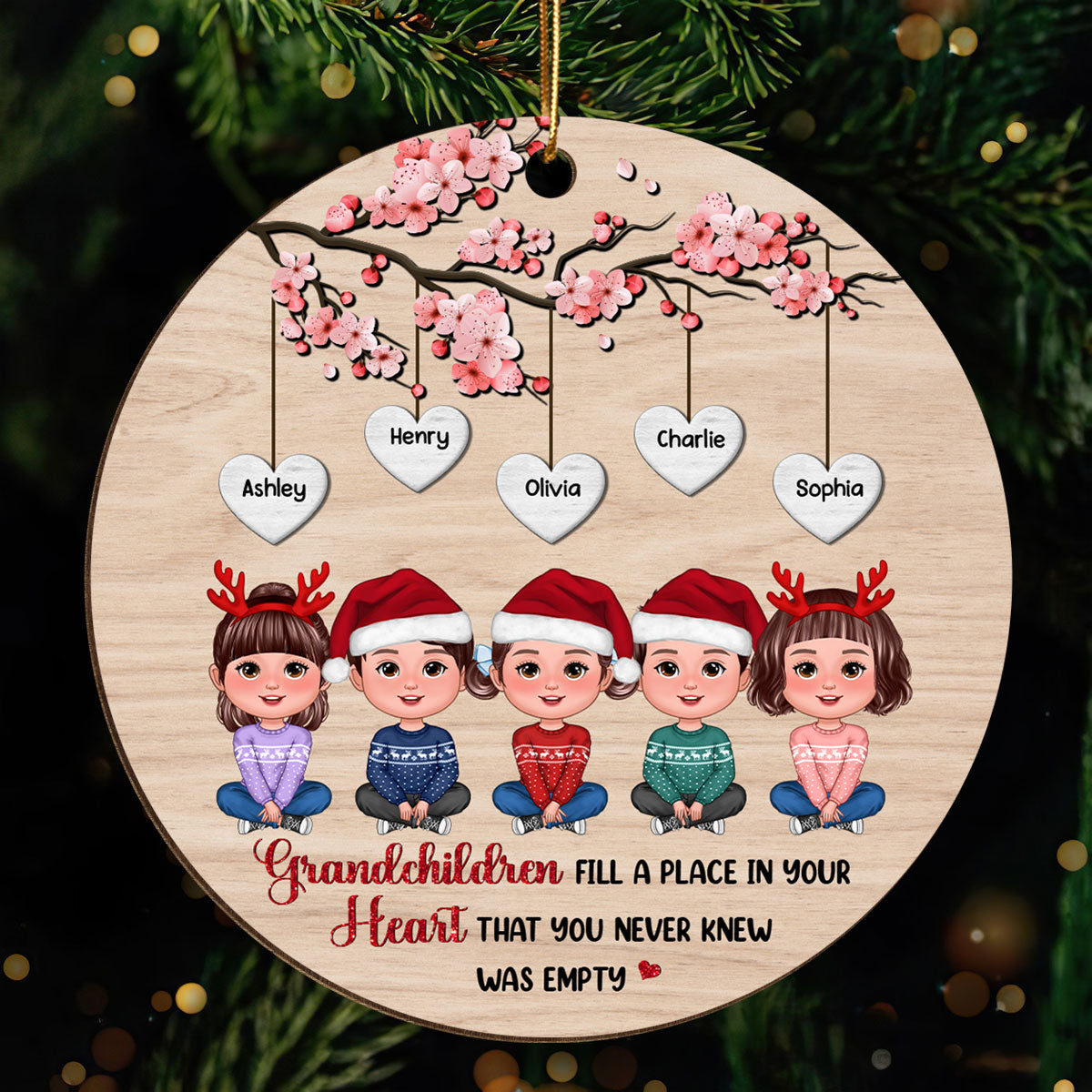 Grandkids Under Blossom Tree Christmas Gifts Personalized Wooden Ornament