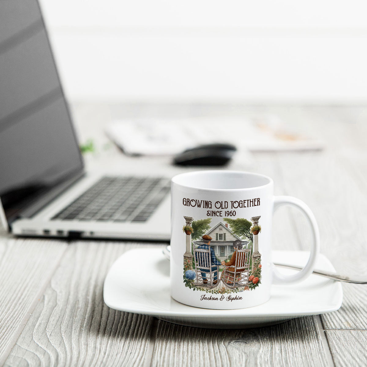 Old Couple Sitting On The Porch Growing Old Together Since Personalized Mug, Heartfelt Gift For Couple, For Him, For Her, Husband, Wife