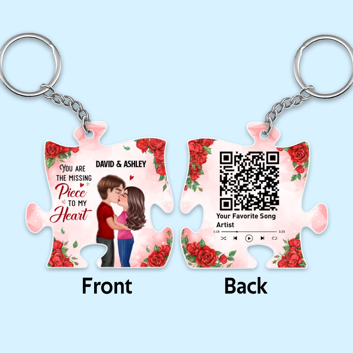 Rose Pattern Doll Couple Kissing Favorite Song Scannable QR Code Personalized Acrylic Keychain