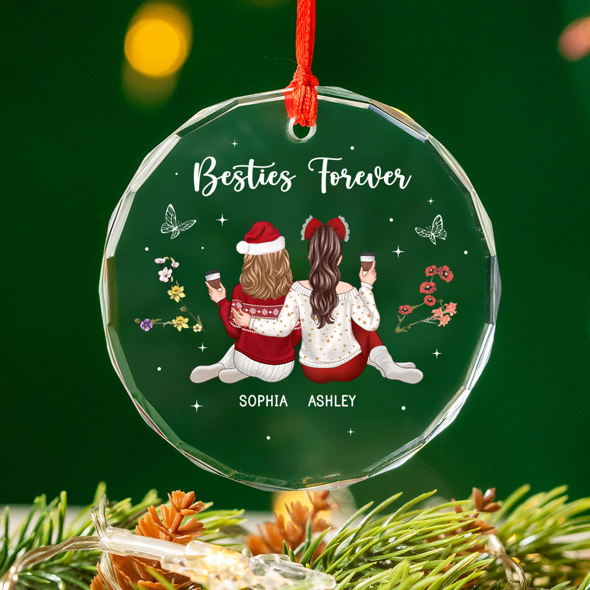 Besties Sisters Sitting Back View Zodiac Sign Birth Month Flowers Personalized Glass Ornament