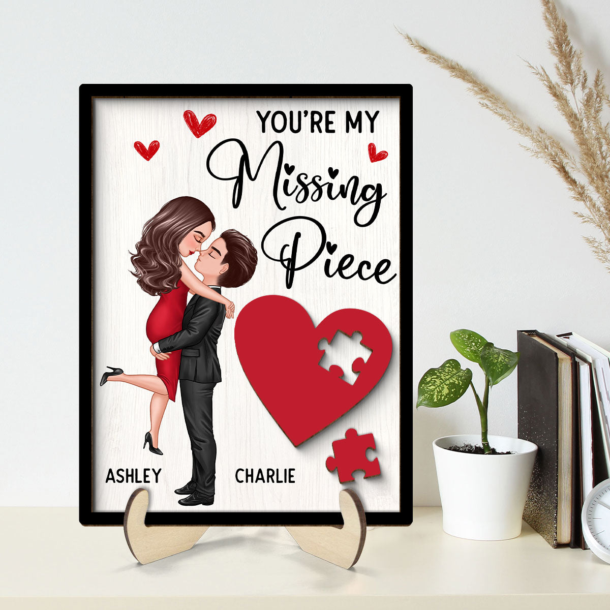 Couple Missing Piece Red Heart Valentine‘s Day Gift Personalized 2-layer Rectangle Wooden Plaque