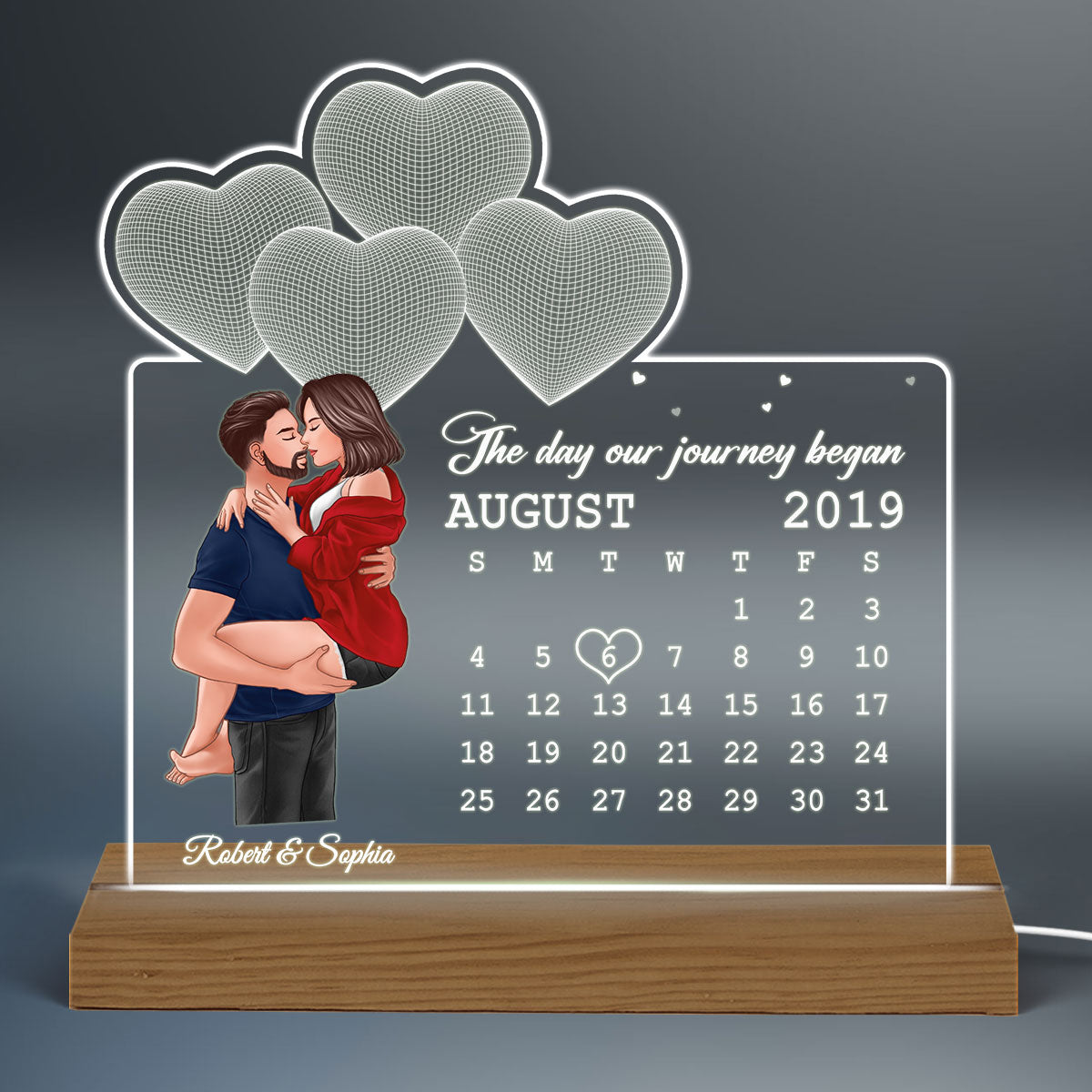 Man Holding Woman Kissing Under 3D Heart Anniversary Date Calendar Personalized Custom Shape Acrylic Plaque With LED Night Light