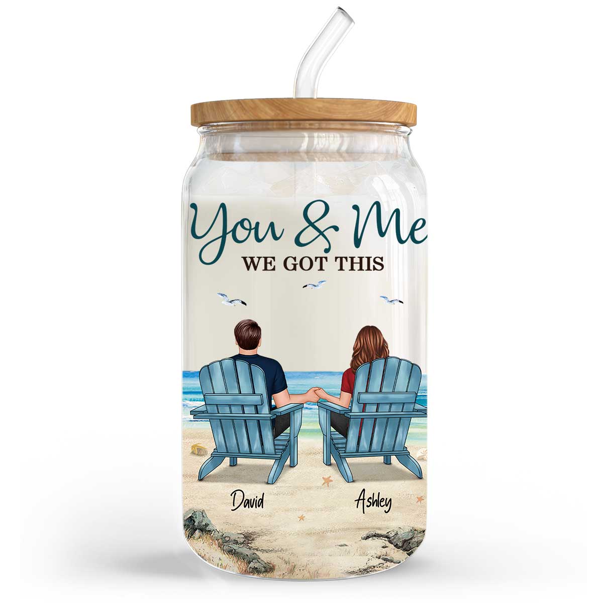 Back View Couple Sitting Beach Landscape Personalized Clear Glass Can