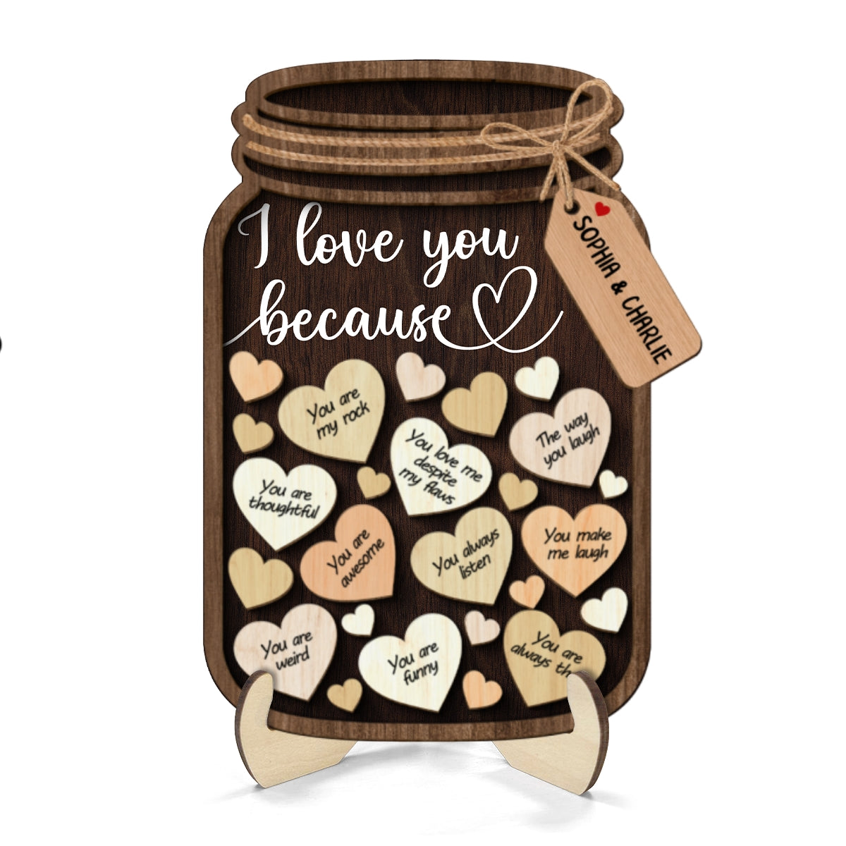 Couple I Love You Because Hearts In Mason Jar Personalized 2-Layer Wooden Plaque