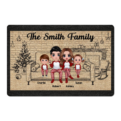 Family Sitting On Sofa Christmas Outline Background Personalized Doormat