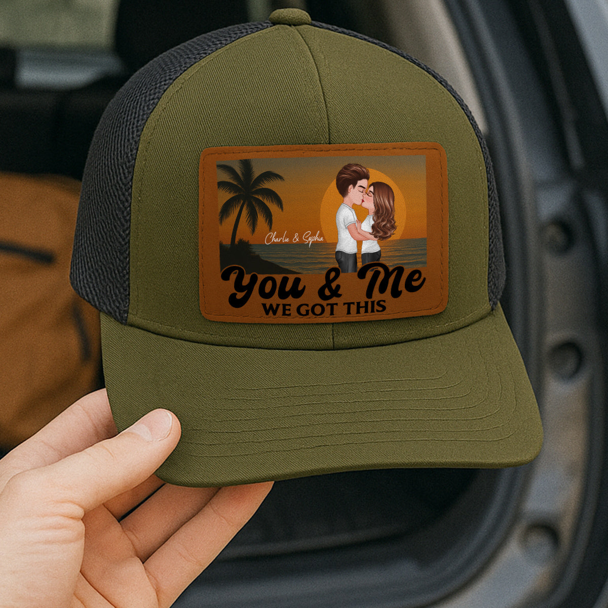 Retro Beach Summer Couple Kissing Personalized Leather Patch Hat