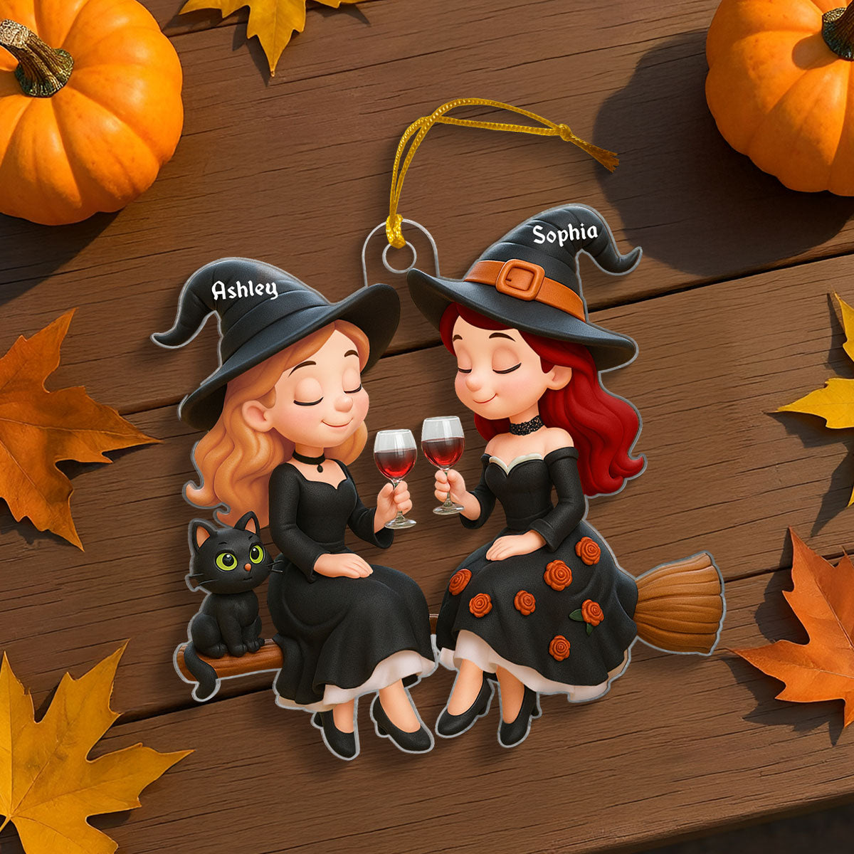 Witch Besties 3D Effect Personalized Acrylic Ornament, Halloween Decoration