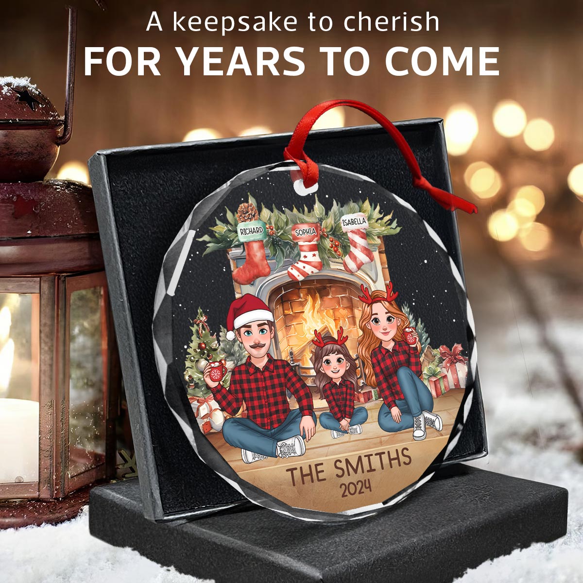 Animated Family Vintage Christmas Stockings Fireplace Personalized Glass Ornament, Christmas Gift For Family