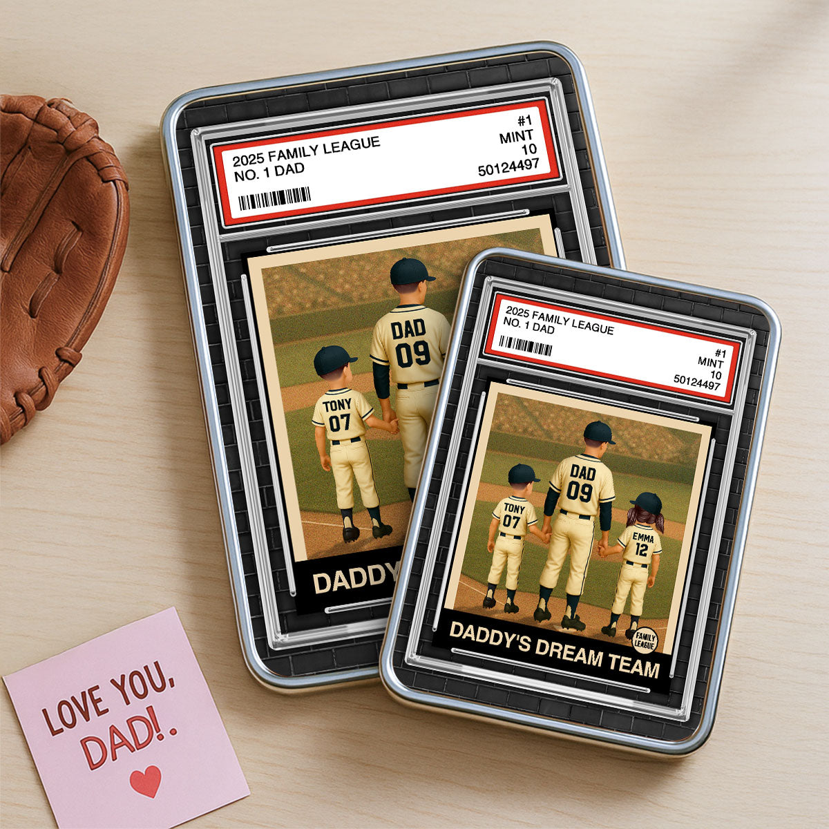 Baseball No. 1 Dad Man & Kids Trading Card Style Personalized Mirrored Picture Frame