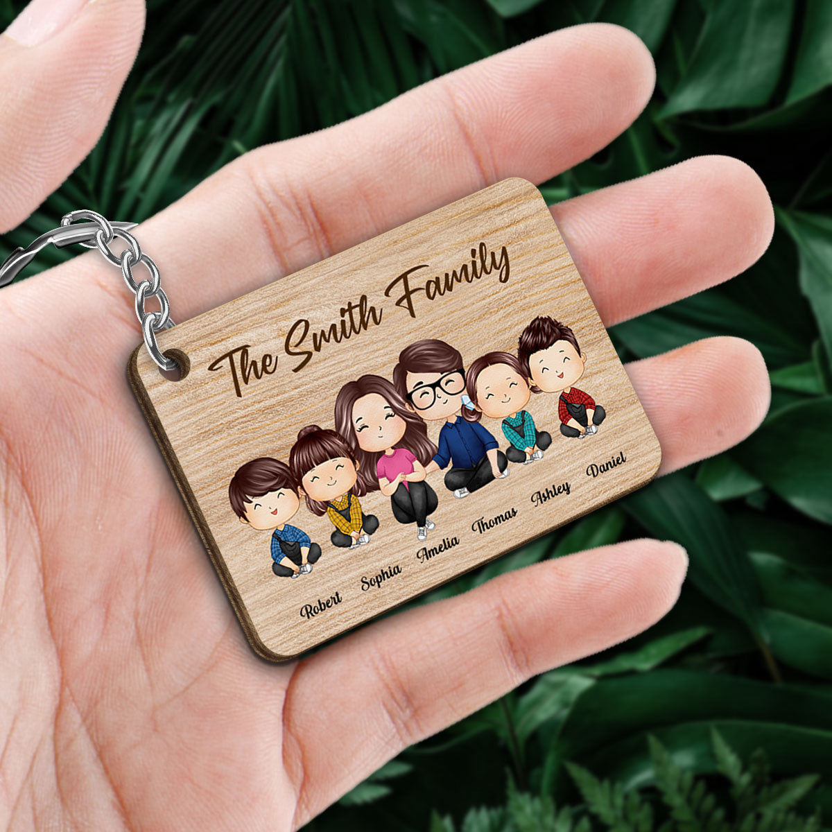 Whole Doll Watercolor Style Family Couple Dad Mom Kids Dogs Cats Sitting Personalized Wooden Keychain